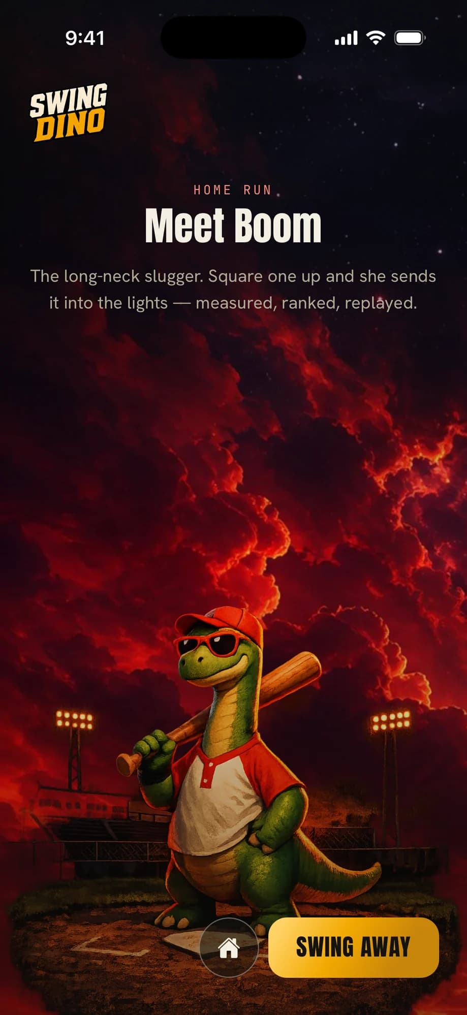 The SwingDino home run derby intro, Boom the long-neck slugger under a fiery ballpark sky above a Swing Away button.